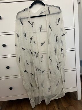 Sheer Shark-Print Kimono Tunic - White